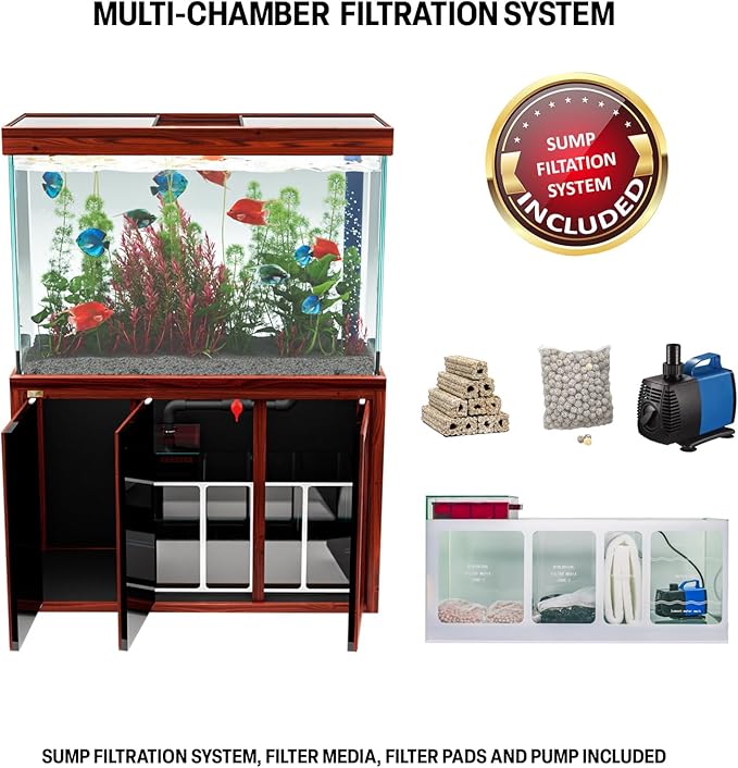 135 Gallon Aquarium Fish Tank with Upright Fishtank Stand Water Pump Freshwater Filter LED Bundle and Straight Corners Clear Glass - All Red