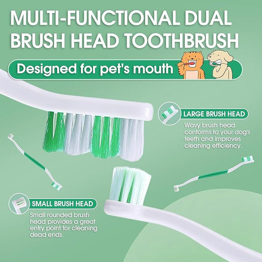 Dog Toothbrush – Newly Upgraded Dual-Head Design with 60° Wavy Bristles – Gently Surrounds Teeth for Deep Cleaning and Plaque Removal – Non-Slip Handle, Ideal for Daily Pet Dental Care (Green, 2-Pack)
