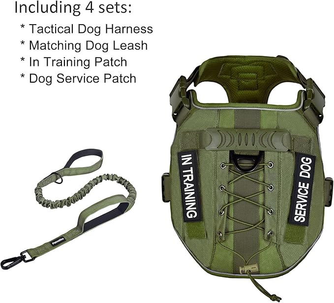 Petmolico Tactical Dog Harness with Leash, No Pull Dog Harness with Hook and Loop Panels for Hiking Training Military Service Dog Harness with Patches for Medium Dogs, Army Green M