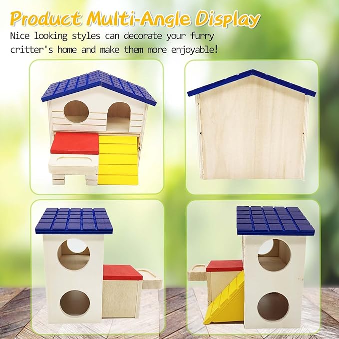 Hamiledyi Pet Small Animal Hideout Hamster House Deluxe Two Layers Wooden Hut Play Toys Chews