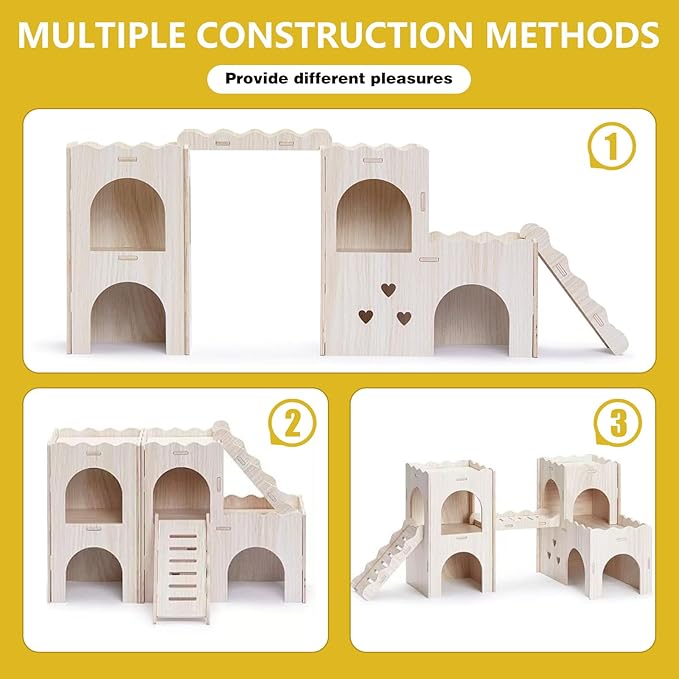 Large Wooden Hamster House Castle with Double Decker,Large Hamster, Wooden Houses,Dwarf Habitat Hideout with Climbing Ladder, Guinea Pig Castle Detachable Hideouts(B)