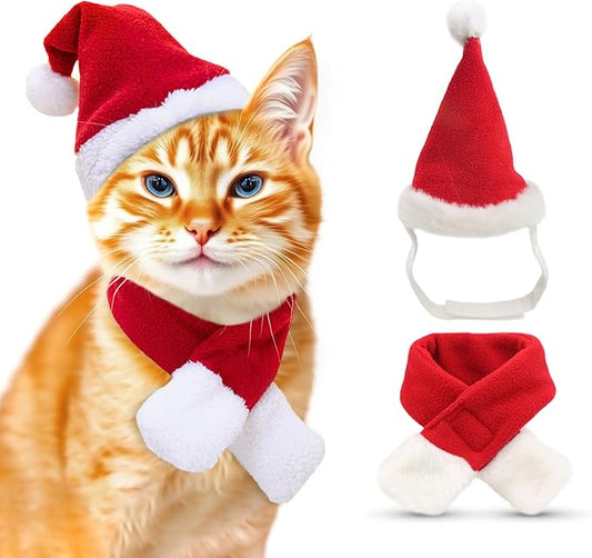 Cat Christmas Costume with Santa Hat and Scarf Cat Xmas Outfit for Kitten/Puppies/Home Christmas Decoration