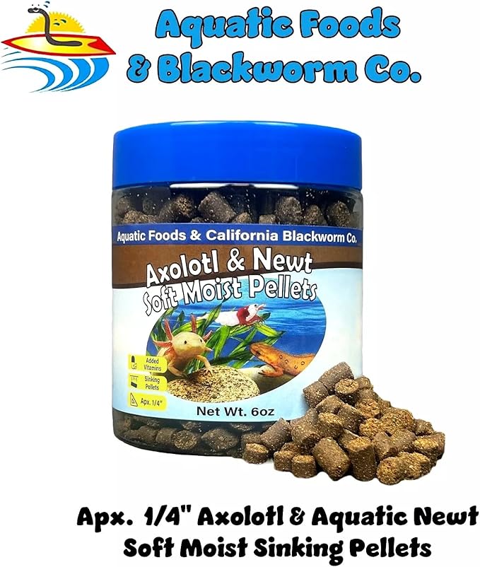 Aquatic Foods Inc. Axolotl Pellet Food 1/4" Soft Moist Sinking Pellets for Juvenile Axolotl Also Shrimp, Snails, Crayfish, Bottom Tropical Fish, Blackworm Pellets Included 6oz Canister