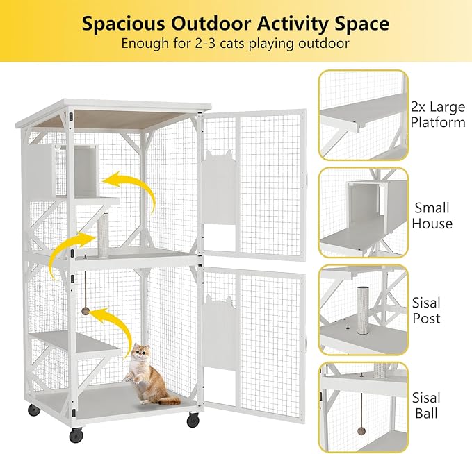 ROOMTEC Catio Outdoor Cat Enclosure - Large Wooden House with Roof, 71" H, 3 Jumping Platforms & 1 Napping House for Cats (White)