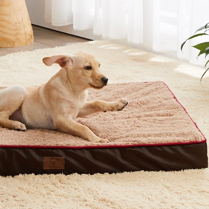 WNPETHOME Orthopedic Large Dog Bed, Extra Large Waterproof Dog Bed with Removable Washable Cover & Anti-Slip Bottom,Egg Crate Foam Pet Bed Mat,Soft Rose Plush Pet Crate Mat