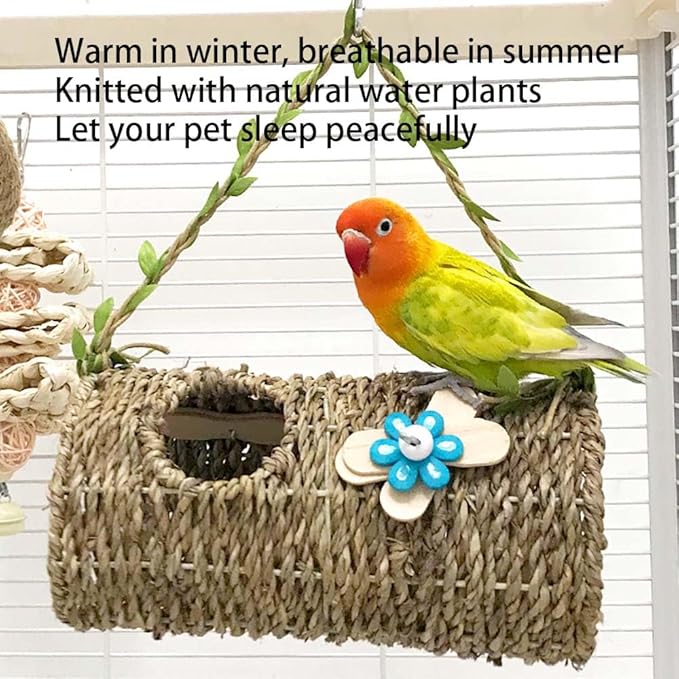 Seagrass Bird House Sea Grass Tent Parrot Tunnel with Holes and Lovely Flower Decor Natural Hanging Hammock Swing Nest Bird Snuggle Hut Toy for Hamster Lovebird Budgie Random Color