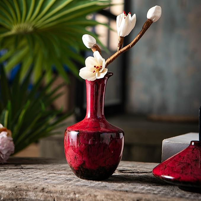 Red Ceramic Bud Vases, Set of 6 Small Glazed Pottery Vases for Floral Arrangements, Decorative Rustic Vases for Modern Farmhouse Home Decor, Living Room, Dining Table Centerpieces