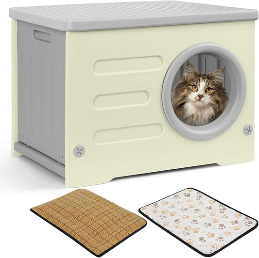 Plastic Cat House for Outdoor Indoor Use, Stackable Feral Cat Shelter Indoor Cat House Weatherproof Waterproof Elevated, with 2-Sided Cushion (Grey)