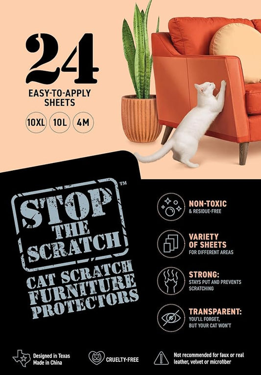 Cat Scratch Deterrent Tape – 24 XL Clear Double-Sided Sticky Sheets to Protect Furniture from Cats – Pet-Safe, Transparent Anti-Scratch Adhesive for Couch, Sofa, Doors & More