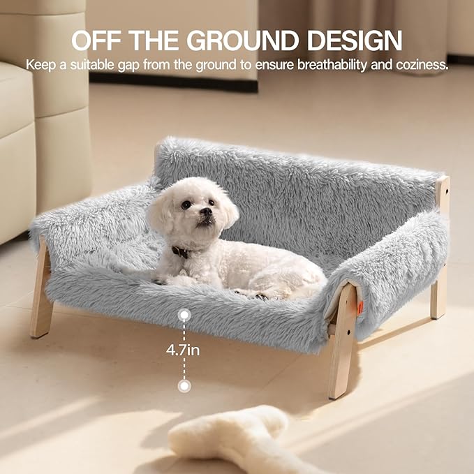 MEWOOFUN Cat Couch Bed, Pet Sofa for Indoor Cats Wooden Indoor Elevated Cat Beds with Removable Mattress Cover Suitable for Kitty, Puppy or Small Animal (Grey, Large)