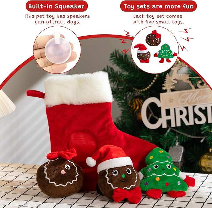 Hollypet Squeaky Dog Toy, Interactive Plush Hide and Seek Dog Toys for Small Medium Sized Dogs and Non-Aggressive Chewers, Puppy Teeth Clean Chew Toys, Christmas Stocking