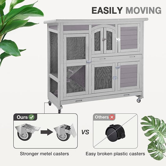 Two-Story Rabbit Hutch with Wheels Guinea Pig Cage Indoor Outdoor Bunny Cage with 2 Deep Leakproof Tray