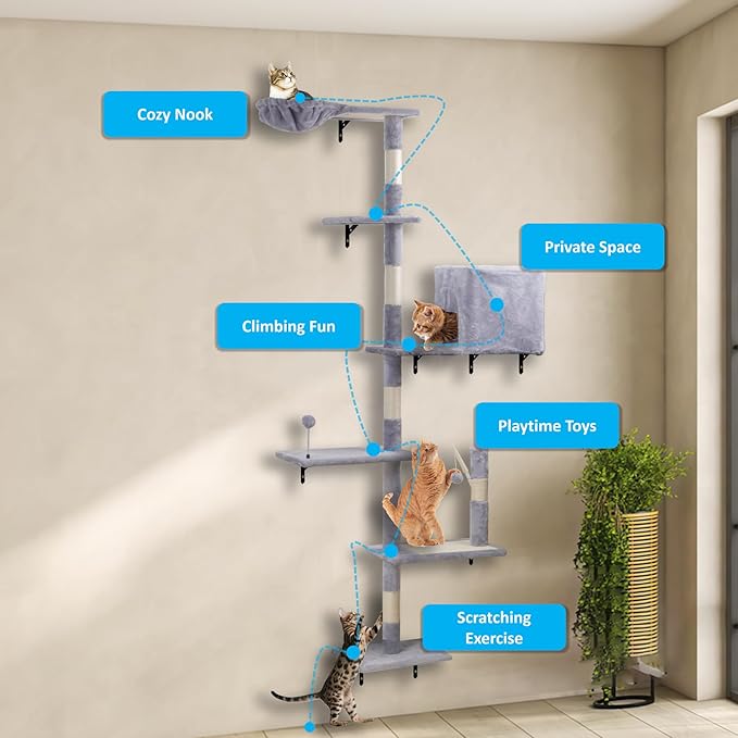Wall Mounted Cat Climber Set, Modern Cat Furniture with ScratchingPost,Platforms，Dangling Balls,Condo，Suit for Cats Climb, Jump, Nap, Scratch-Gray