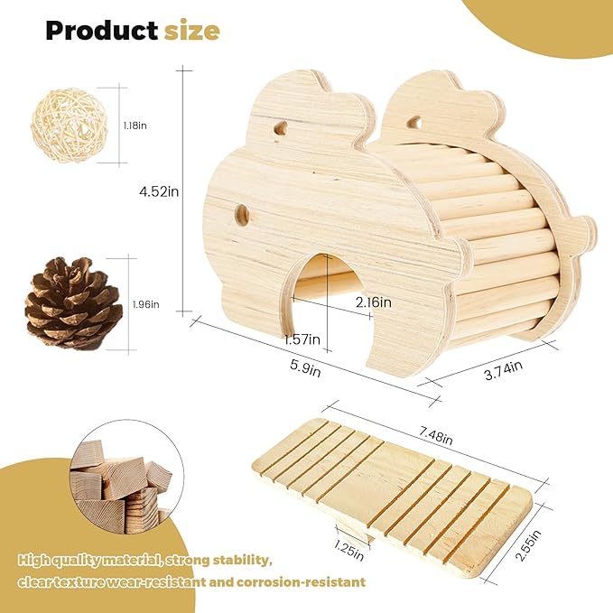 Guinea Pig Hideout, Wooden Hamster Hideout, Natural Wood Hamster House, Solid Wood Small Pet Shelter, Safe & Simple for Rat Gerbils and Other Small Pets(Bunny)