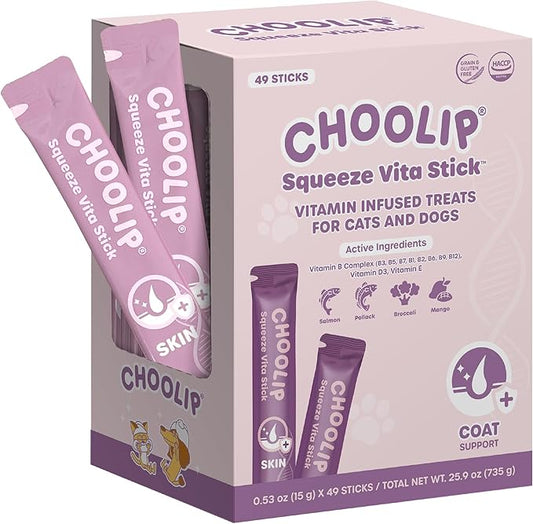 Squeeze Vita Stick Lickable Cat and Dog Treats – 49-Count Coat Support Sticks with Multivitamins, Soft Squeezable Paste for All Life Stages, Supporting Coat Health