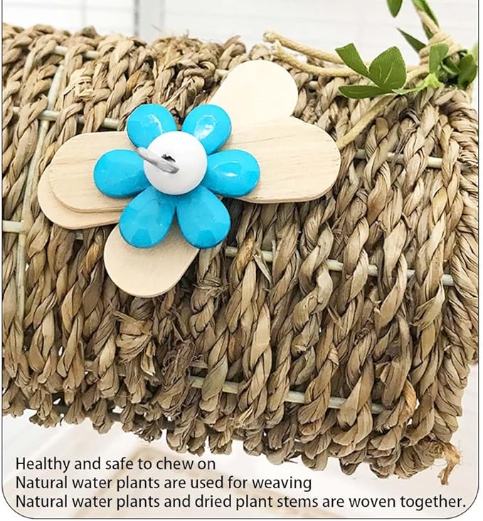 Seagrass Bird House Sea Grass Tent Parrot Tunnel with Holes and Lovely Flower Decor Natural Hanging Hammock Swing Nest Bird Snuggle Hut Toy for Hamster Lovebird Budgie Random Color