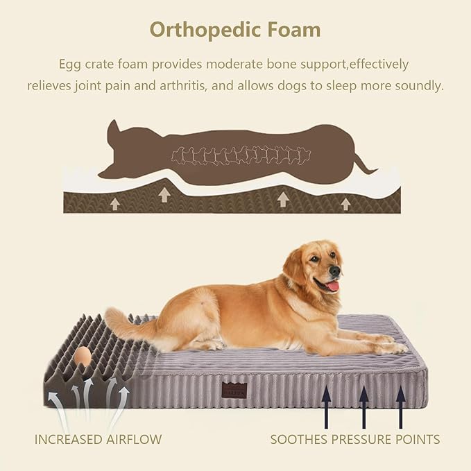 Orthopedic Dog Bed for Extra Large Dogs, Soft Plush Washable with Egg Crate Foam, Waterproof with Removable Washable Cover & Anti-Slip Bottom, Comfy Striped Dog Crate Bed, 46x30 Inch, Gray