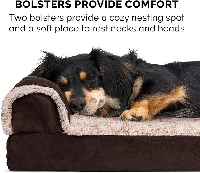 Furhaven Orthopedic Dog Bed for Large Dogs w/ Removable Bolsters & Washable Cover, For Dogs Up to 125 lbs - Two-Tone Plush Faux Fur & Suede L Shaped Chaise - Espresso, Jumbo Plus/XXL