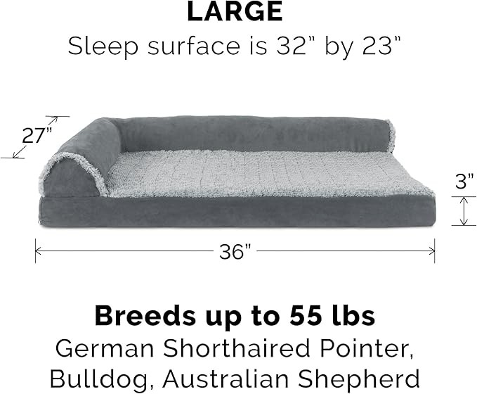 Furhaven Orthopedic Dog Bed for Large/Medium Dogs w/ Removable Bolsters & Washable Cover, For Dogs Up to 55 lbs - Two-Tone Plush Faux Fur & Suede L Shaped Chaise - Stone Gray, Large