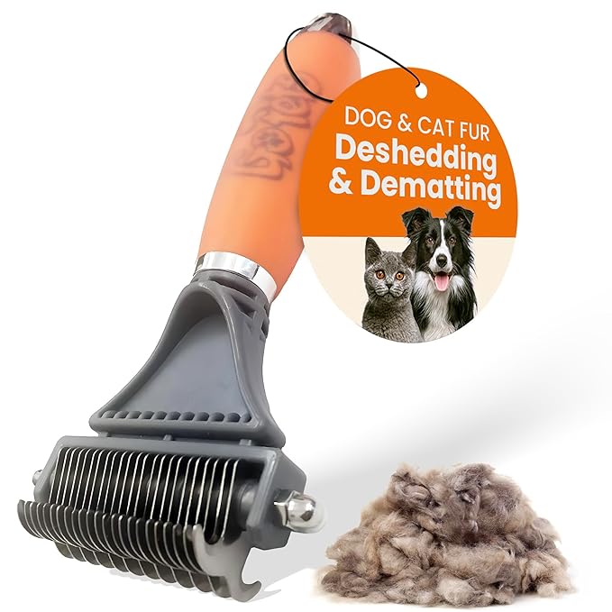 GoPets Double-Sided Dematting Tool & Deshedding Brush for Dogs & Cats, Undercoat Rake for Shedding, Mat Remover for Long Haired Pets, Dog Comb for Grooming Coats, Cat Hair Detangler & Dematter