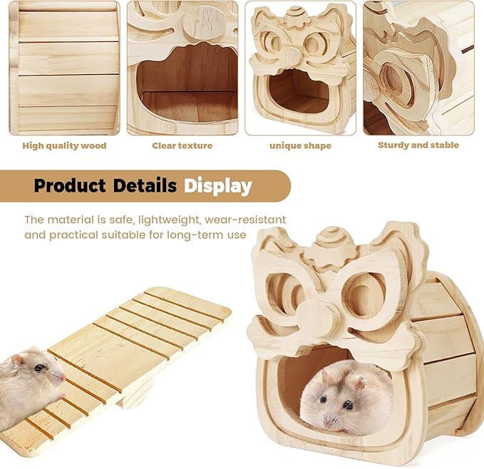 Guinea Pig Hideout, Wooden Hamster Hideout, Natural Wood Hamster House, Solid Wood Small Pet Shelter, Safe & Simple for Rat Gerbils and Other Small Pets(Waking Lion)