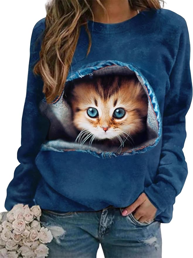 IVERIRMIN Women's 3D Cute Cat Print Sweatshirt Casual Long Sleeve Crewneck Cute Cat Pullover Loose Fit Shirts