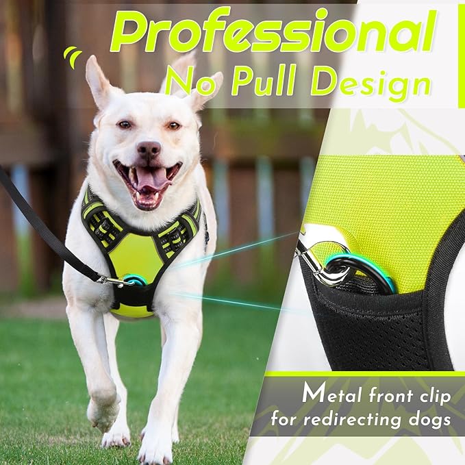 Eagloo Dog Harness Medium Sized Dog, No Pull Service Vest with Reflective Strips and Control Handle, Adjustable and Comfortable for Walking, No Choke Pet Harness with 2 Metal Rings, Green, M