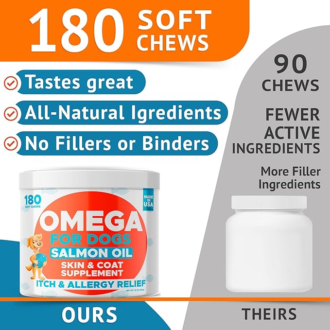Omega 3 Fish Oil for Dogs (540Ct) - Skin&Coat Chews - Dry & Itchy Skin Relief + Allergy Support - Shiny Coat - EPA&DHA Fatty Acids - Salmon Oil Chews Promotes Heart, Hip & Joint Support