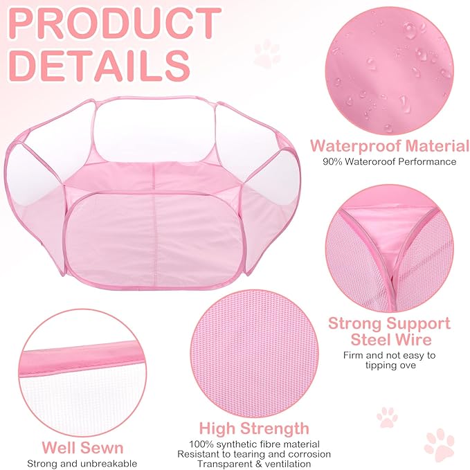 Hamster Playpen with Mat Small Animal Cage Tent Breathable Transparent Guinea Pig Playpen Waterproof Portable Yard Fence Mat Foldable Exercise Playpen Outdoor Indoor (Pink,Star)