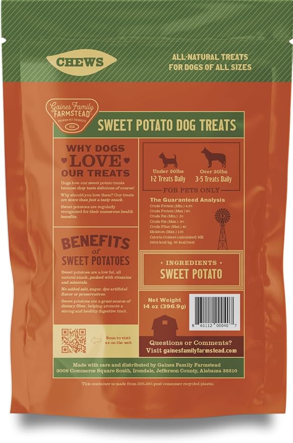 Gaines Family Farmstead Sweet Potato Chews for Dogs - 14 oz Bag, Single Ingredient, Sweet Potato Dog Treats, High Fiber, Grain-Free, Rawhide Alternative, Vitamin-Rich, Made in USA