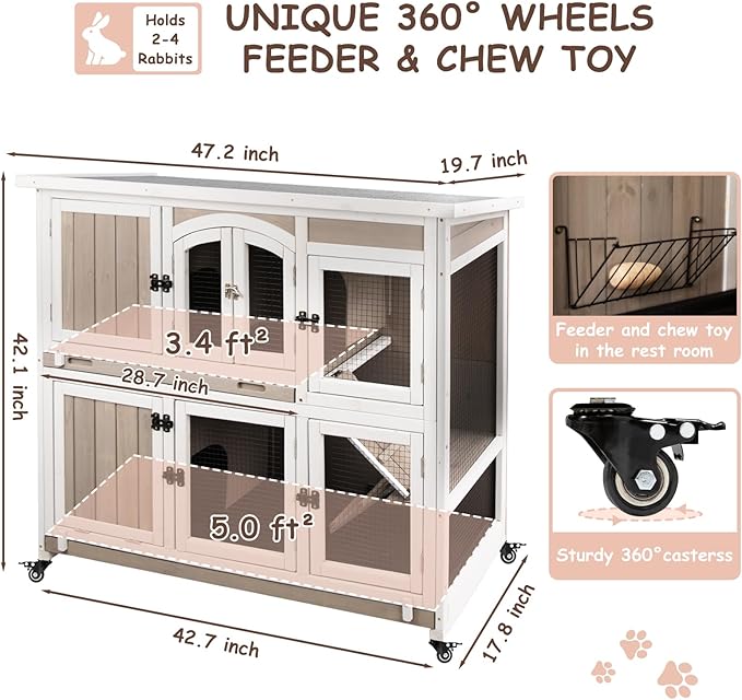 42.7" L Rabbit Hutch Indoor Outdoor 2-Story Rabbit Cage with 4 Wheels,Guinea Pig Cage Bunny Hutch with 2 Pull Out Trays,Bunny Cage with Asphalt Roof for Small to Medium Animals