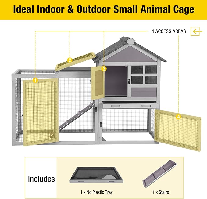 Aivituvin Rabbit Hutch Indoor Outdoor 51.6''L Chicken Coop Bunny Cage with Run,Guinea Pig House Pull Out Upper Tray (51.6" L x 25.2" W x 36.2" H, Grey-1 Set)