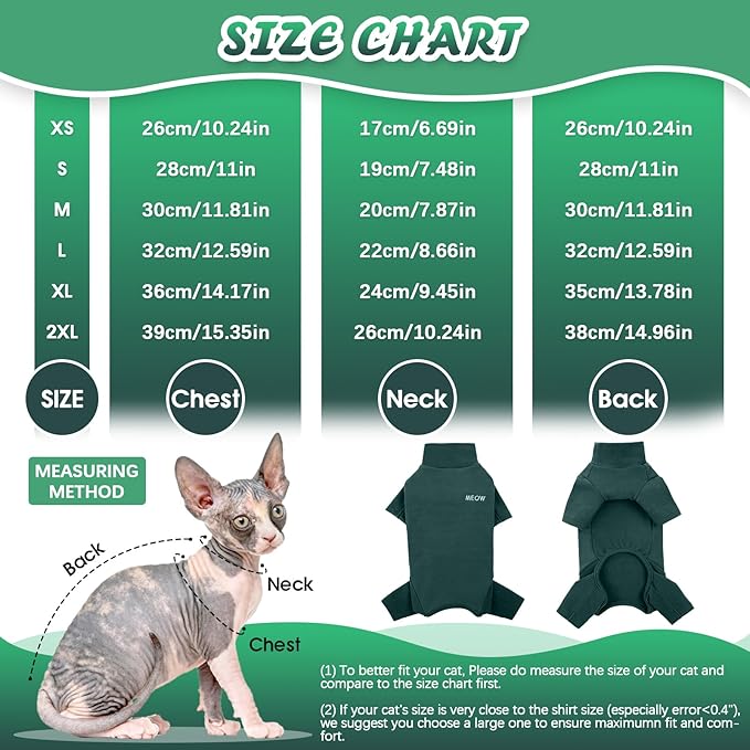 ROZKITCH Hairless Cat Clothes, Breathable Soft Cat Jumpers for Cats Only, Cat Coat with Four Legs, Warm Cat Sweater Cat T-Shirt Cat Pajamas Jumpsuit Vest Cornish Rex Devon Rex Peterbald DarkGreen L