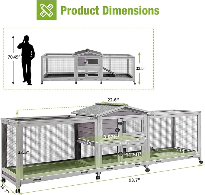 93.7" Large Rabbit Hutch Indoor & Outdoor, Rabbit Cage with 8 Wheels, Bunny Hutch with 4 Deep No Leakage Pull Out Trays