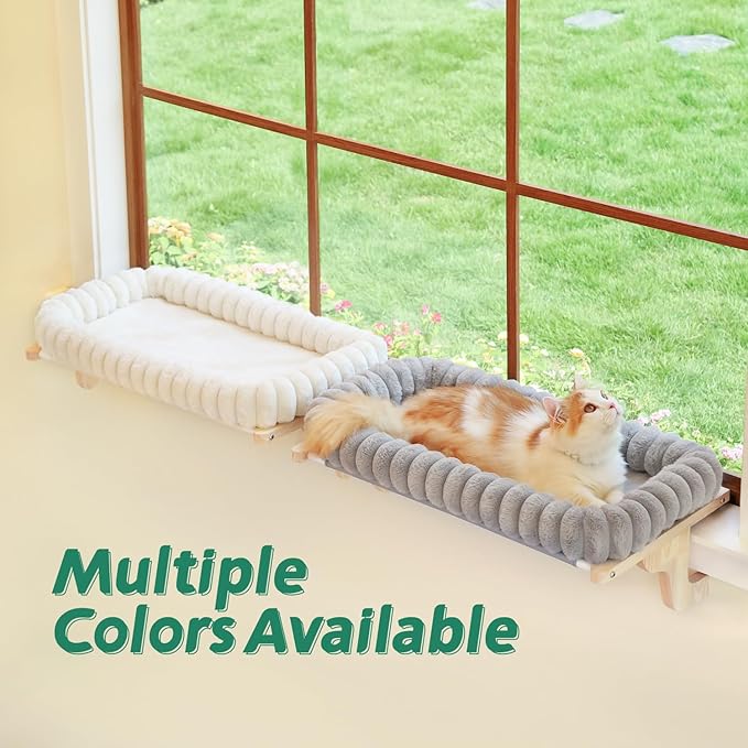 Zakkart SnugCloud Cat Window Perch with 4-Sided Bolster - Orthopedic Cat Hammock for Window Sill - Solid Hardwood & Metal Frame - Window Seat for Pets (Natural Color Wood w/Gray Bed, Large)