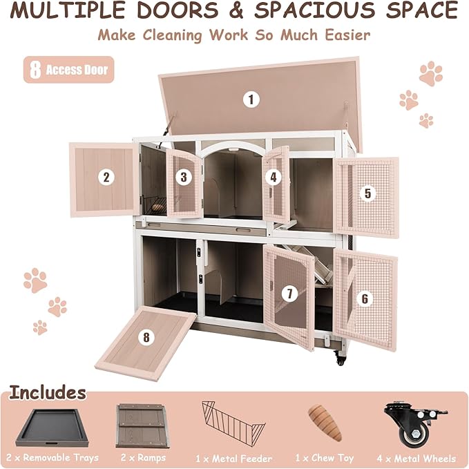 42.7" L Rabbit Hutch Indoor Outdoor 2-Story Rabbit Cage with 4 Wheels,Guinea Pig Cage Bunny Hutch with 2 Pull Out Trays,Bunny Cage with Asphalt Roof for Small to Medium Animals