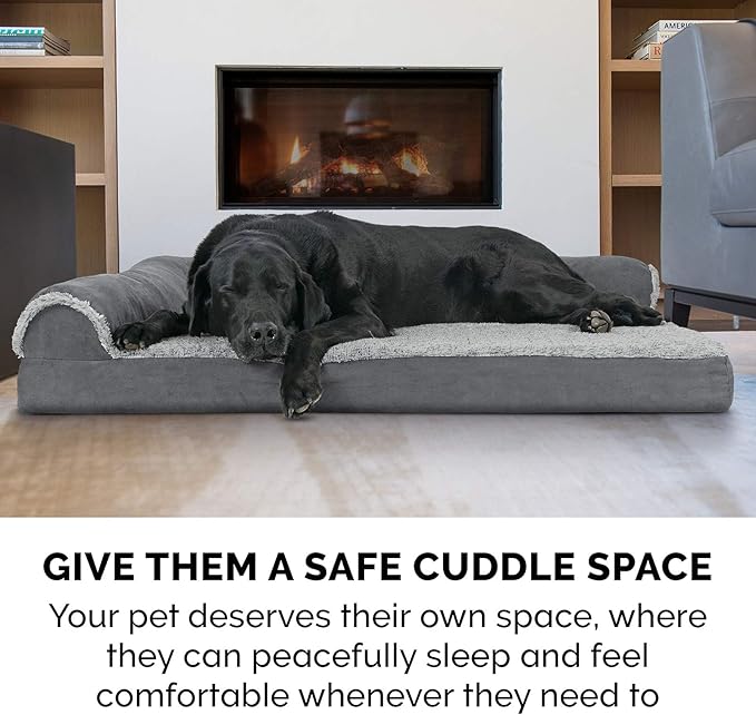 Furhaven Orthopedic Dog Bed for Large/Medium Dogs w/ Removable Bolsters & Washable Cover, For Dogs Up to 55 lbs - Two-Tone Plush Faux Fur & Suede L Shaped Chaise - Stone Gray, Large