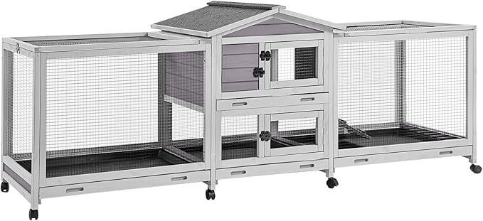 93.7" Large Rabbit Hutch Indoor & Outdoor, Rabbit Cage with 8 Wheels, Bunny Hutch with 4 Deep No Leakage Pull Out Trays