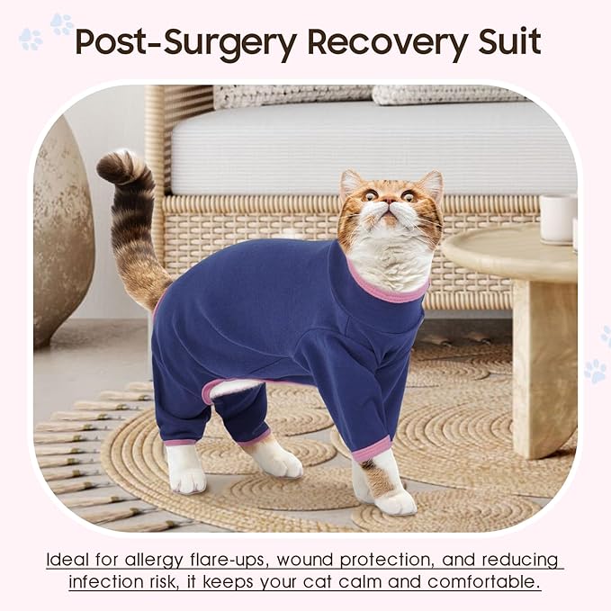 DENTRUN Cat Clothes for Hair Control with Hair Sticky Fabric - Soft Recovery Suit & Breathable Lint-Resistant Cat Sweater for Cats Only, Kitten Onesie Pajamas, M, Blue