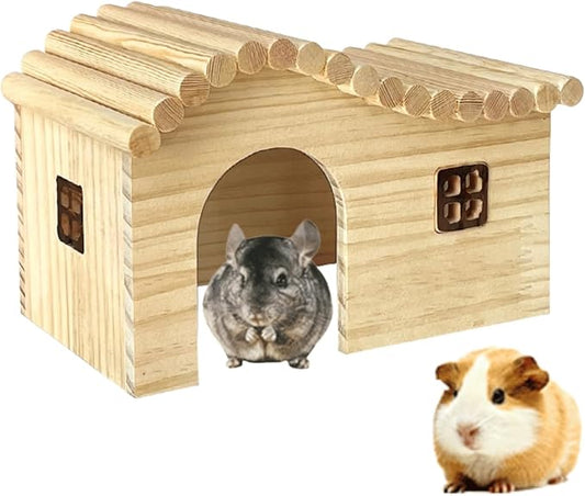 Guinea Pig Wood Hideout Hut with Window Small Animal Wooden House for Rat Chinchilla Hedgehog Hamster Rabbit Bunny (Medium)