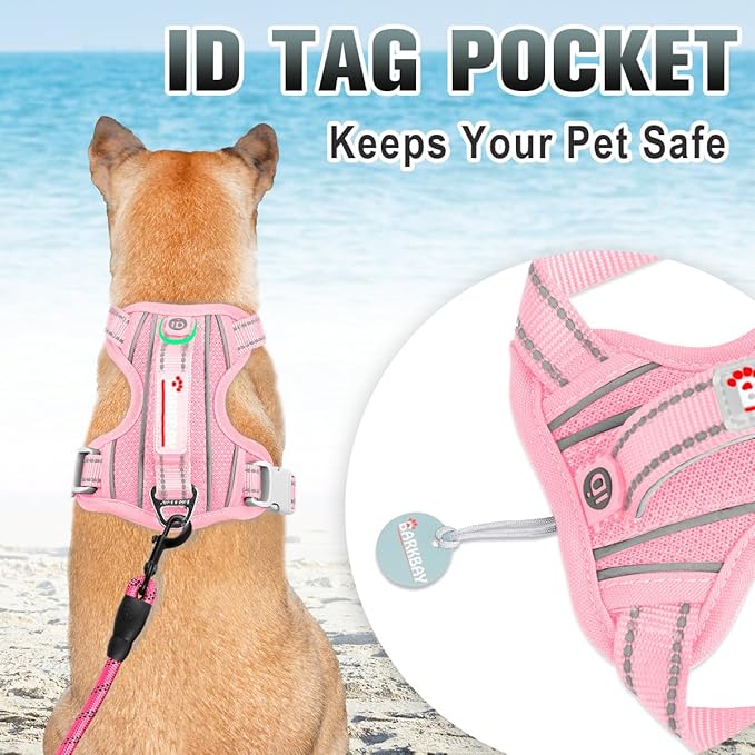 BARKBAY No Pull Dog Harness Large Reflective Dog Harness with Front Clip and Easy Control Handle for Walking Training Running with ID tag Pocket(Baby Pink,L)