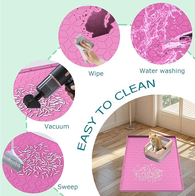 Cat Litter Mat, Silicone Large Cat Mat for Litter Box - 28x22 in, Waterproof & Non-Slip, Durable & Easy Clean, Pink