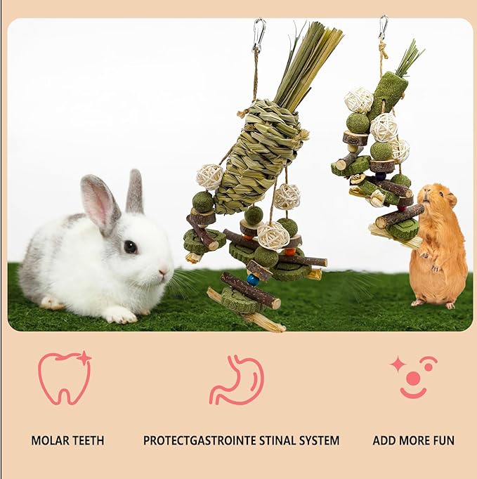 Rabbit Chew Toy, 2Pcs Bunny Cage Hanging Chew Toy & Treats,Natural Material Handwoven Chinchilla Treats Toys for Guinea Pig Hamster Rat and Other Small Pets Teeth Grinding
