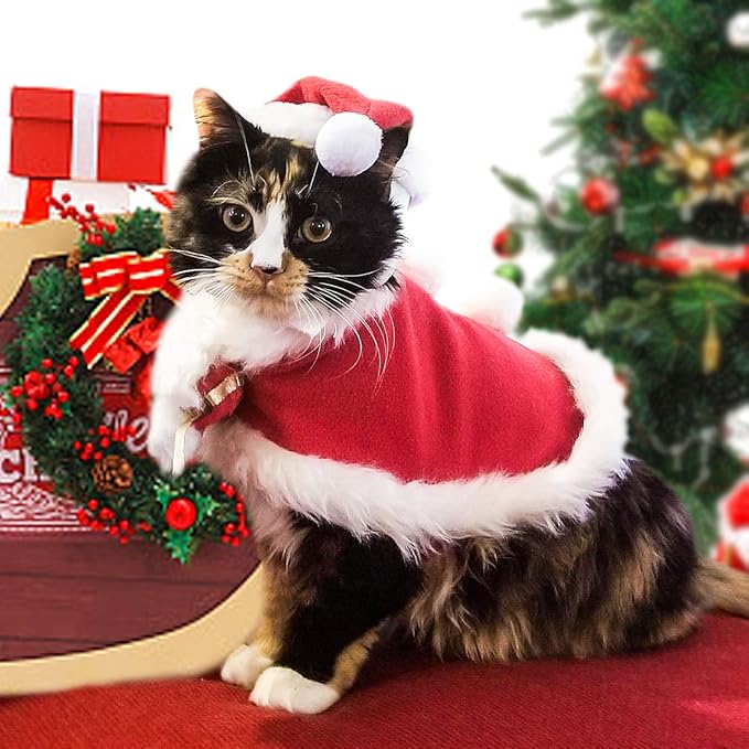 Cat Christmas Costume with Santa Hat and Cloak Cat Xmas Outfit for Kitten/Puppies/Home Christmas Decoration