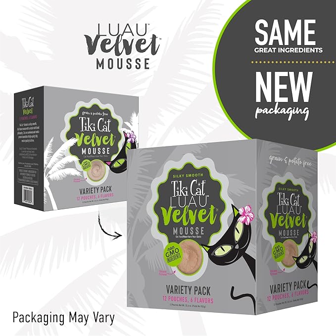 Tiki Cat Velvet Mousse, Protein Blend in Broth Variety Pack, Complete Nutrition for Balanced Diet, Wet Cat Food For All Life Stages, 2.8 oz. Pouch (Pack of 12)