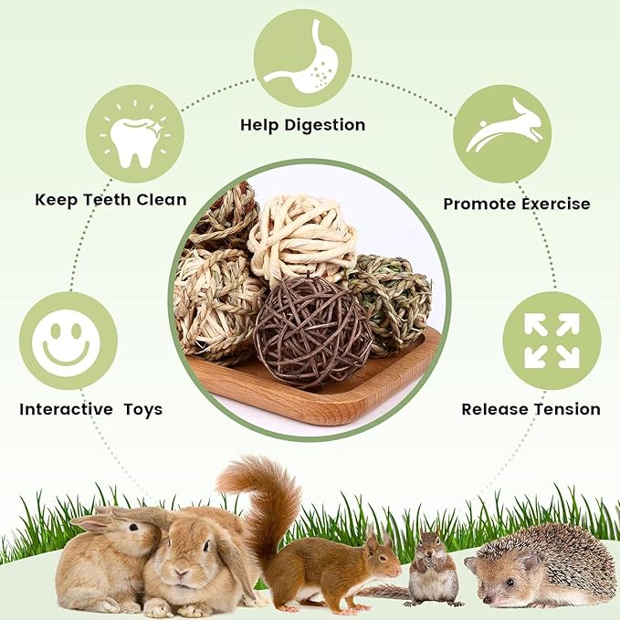 William Craft 2.9 Inch Bunny Chew Grass Balls, 6 Pcs Rolling Chew Toys for Small Animals, Natural Chew Grass Toys and Bunny Treats for Rabbits, Guinea Pigs, Chinchillas, Hamsters, Mice Teeth Grinding