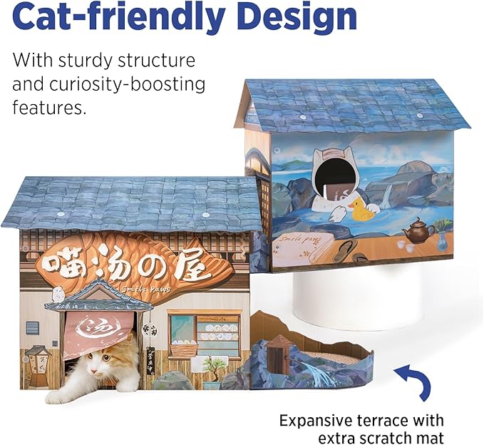 Cat Beds for Indoor Cats, Cardboard Cat House with Scratchers, Onsen Hotel, Large Sturdy Cat Furniture Condo Cave Tent, Easy to Assemble Pet Toys Accessories Stuffs, Bunny Small Animals