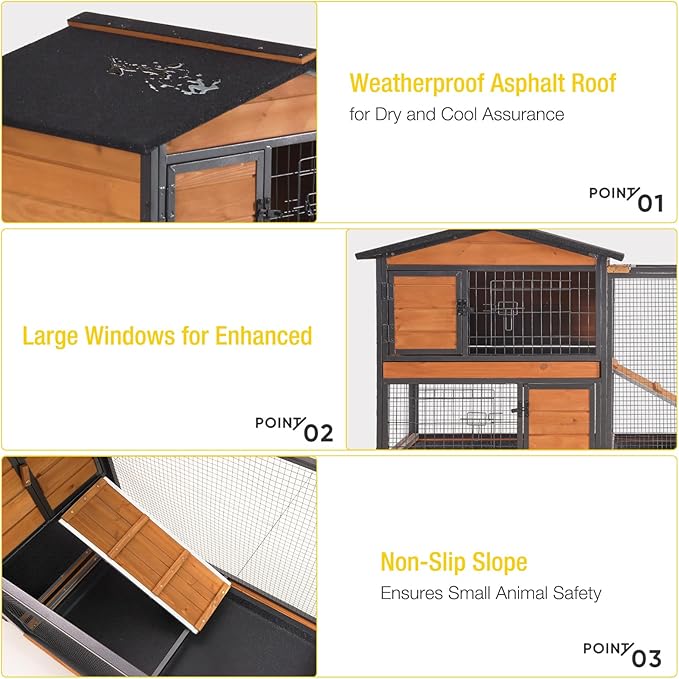 Aivituvin Rabbit Hutch 60.8" Rabbit Cage Indoor Outdoor Guinea Pig Cage on Wheels Bunny Cage with 3 Deep No Leakage Pull Out Tray,Waterproof Roof