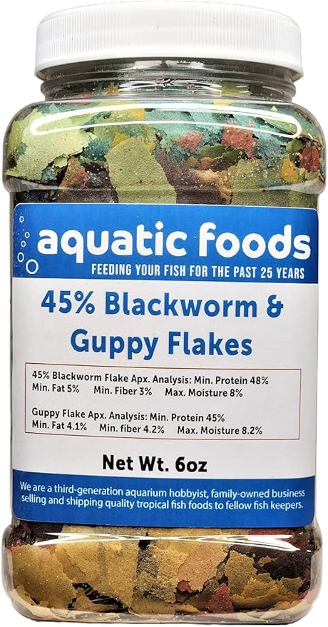 Aquatic Foods Inc. 45% Blackworm & Guppy Premium Flakes for Guppies and All Community Tropical Fish. Aquatic Foods Flakes …6oz Med Jar