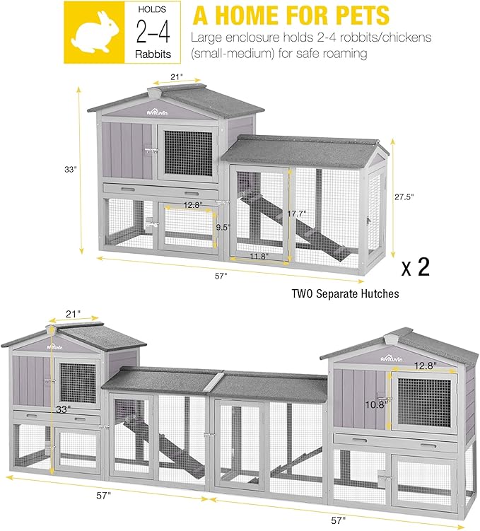 Aivituvin Rabbit Hutch Indoor Bunny Cage Outdoor House with Deeper Leakproof Plastic Tray (Grey02-Two Sets)